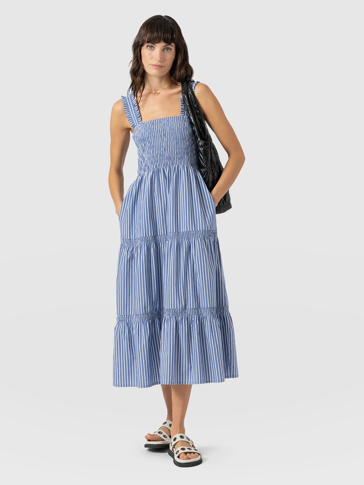 Maya Shirring Dress - Blue Stripe - Women's Dresses | Saint + Sofia® USA